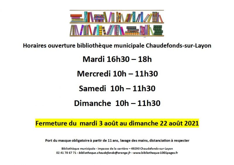 BIBLIOTHÈQUE  HORAIRES D'OUVERTURE ÉTÉ 2021